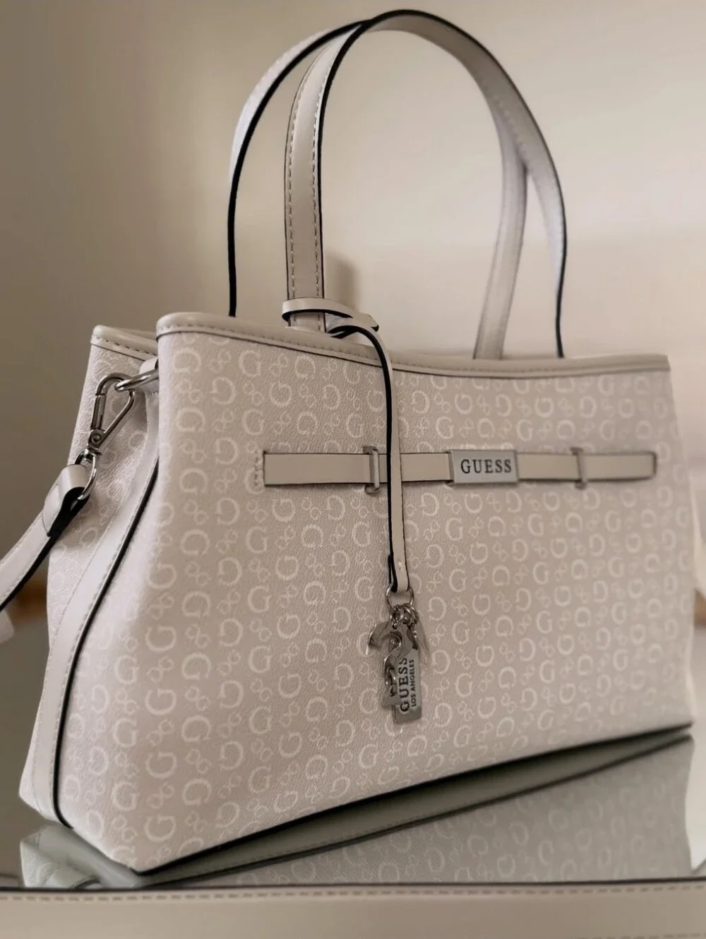 GUESS Cream Logo-Print Tote with Charm